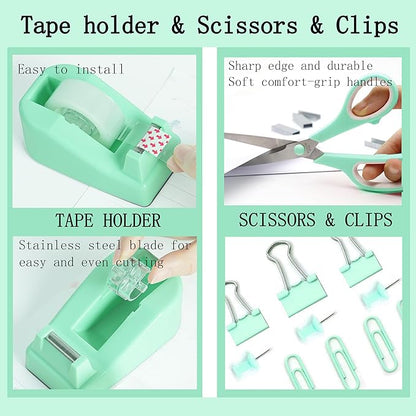 Green Office Supplies, Teal Desk Accessories Accessories with Tape Dispenser, Stapler, Staple Remover, 1000 Staples, Tape, Clips Set, Ruler, Scissor, Pen