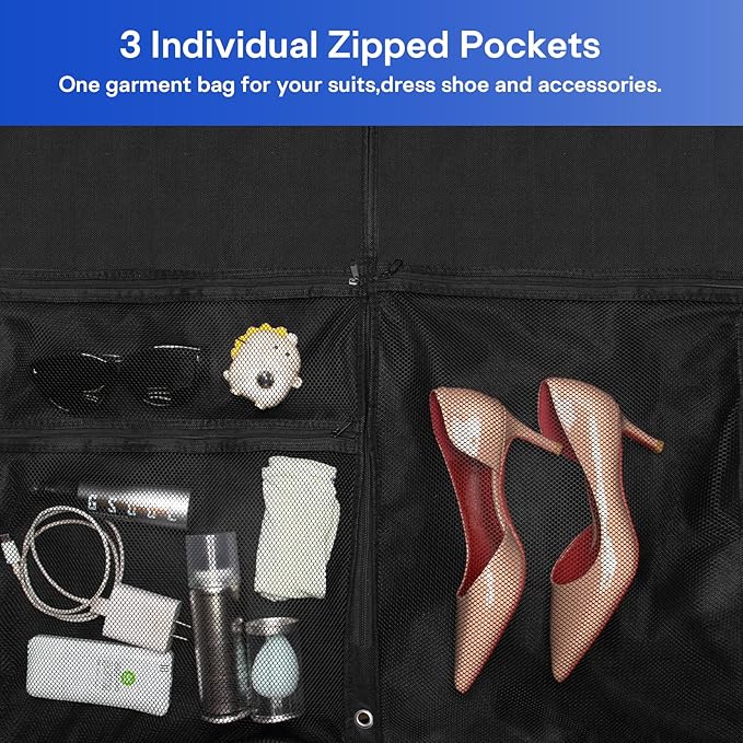 1 Pack Heavy Duty Garment Bags for Travel Suit Bags, Dress Bags, Garment Bags for Hanging Clothes with Pockets Men's Suit Holder for Shirts, Coats, Dresses (Black, 1Pack60")