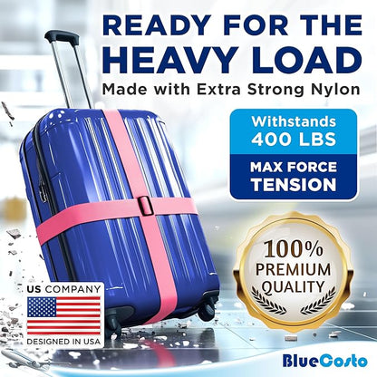 Luggage Straps for Suitcases - TSA Approved - Pink, 4 PK - Premium Nylon Belts for Suitcase, Briefcase & Travel Bag - Adjustable Strap Length 46" - 78"