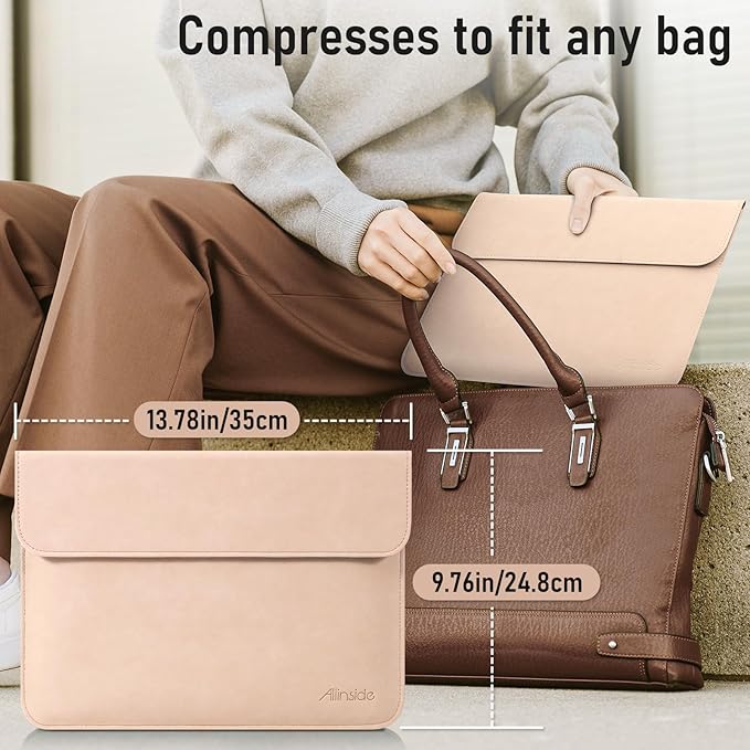 Allinside 13 Inch Laptop Sleeve Case for MacBook Air 13 2018-2025/MacBook Pro 13 2016-2022/Macbook Pro 14 2021-2024, Waterproof Matte PU Leather Horizontal Envelope Protective Case Cover, Flesh Pink