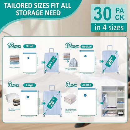 30 Pack Vacuum Storage Bags with Rechargeable Wireless Electric Pump, Vacuum Seal Space Saver Bags for Clothing, Pillows, Blanket, Bedding, Comforter