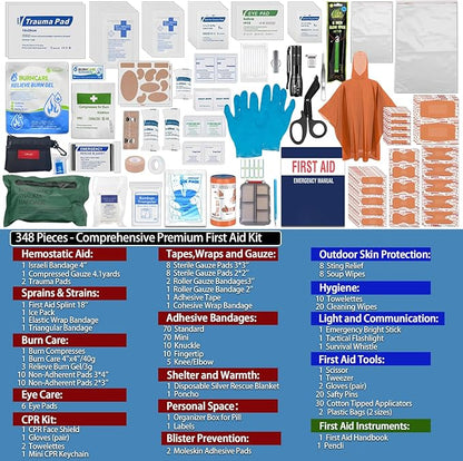 348-Piece Waterproof First Aid Kit- Comprehensive Trauma Kit for Marine/Boating/Camping/Hurricanes, Car & Home Emergency Medical Kits with Labeled Compartments, MOLLE System & CPR Kit