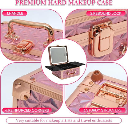 Makeup Box with Detachable Lighted Mirror–Travel Train Case, Cosmetic Storage Organizer & Makeup Suitcase with Adjustable Dividers & Magnetic LED Mirror (Pink)