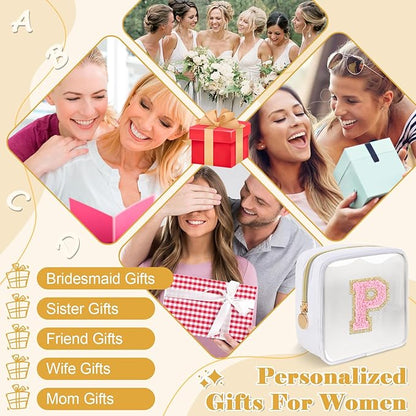 Personalized Initial Letter Clear Preppy Makeup Bag,Mini Nylon Chenille Letter Cosmetic Bag Cute Zipper Pouch Purse for Teen Girls,Portable TSA Approved Beach Travel Essentials Bag Gift for Women,P