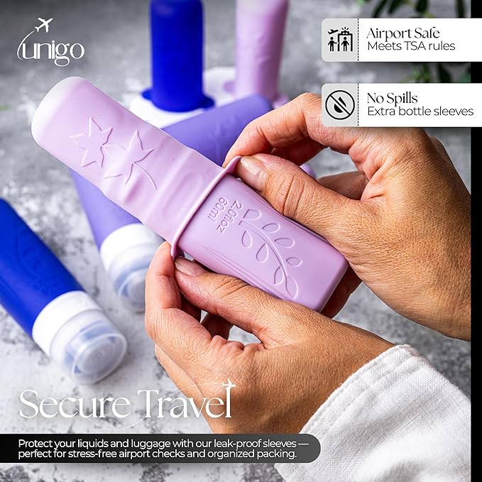 unigo 30 pack Full Set TSA Approved Travel Bottles, Travel Size Containers for Toiletries, Refillable Leakproof Shampoo and Conditioner Bottles, Toiletry Containers,Extra Bottle Sleeves (Purple)