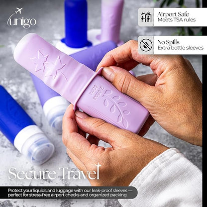 unigo 30 pack Full Set TSA Approved Travel Bottles, Travel Size Containers for Toiletries, Refillable Leakproof Shampoo and Conditioner Bottles, Toiletry Containers,Extra Bottle Sleeves (Purple)