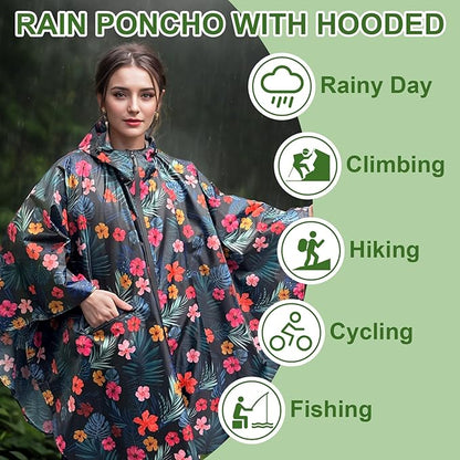 Hooded Rain Ponchos for Adult - Rain Coat and Rain Jacket with Waterproof Pocket and Zipper