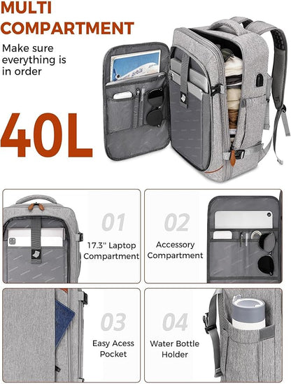 Vancropak Carry on Backpack, Flight Approved 18x14x8 Travel Backpack with 3 Packing Cubes, Expandable Large 40L Travel Bag fits 17.3" Laptop, Anti Theft Luggage Suitcase Weekend for Women Men, Grey