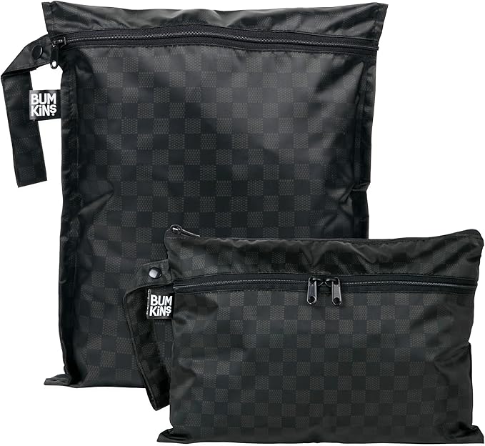 Bumkins - Waterproof Wet Bag & Wet/Dry Clutch Bags - For Beach, Baby, Travel, Swim Suit, Cloth Diapers, Pump Parts, Pool, Gym, Toiletries - Reusable & Easy to Clean - Black Check - 2 Pack