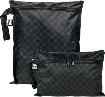 Bumkins - Waterproof Wet Bag & Wet/Dry Clutch Bags - For Beach, Baby, Travel, Swim Suit, Cloth Diapers, Pump Parts, Pool, Gym, Toiletries - Reusable & Easy to Clean - Black Check - 2 Pack
