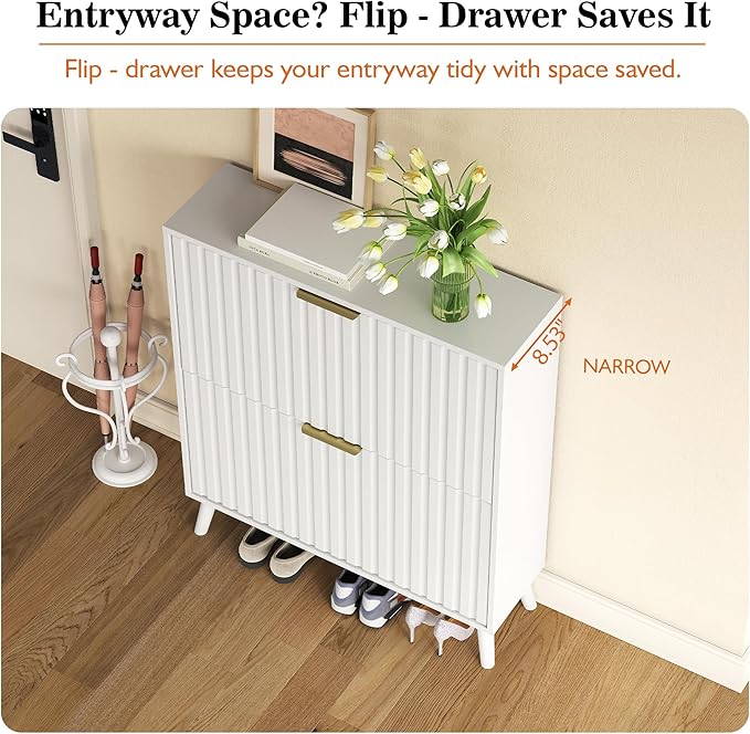 Slim Shoe Cabinet with 2 Flip Drawer Narrow Shoe Cabinet Storage with Adjustable Shelves, Shoe Organizer for Entryway Hallway Bedroom Living Room (White)