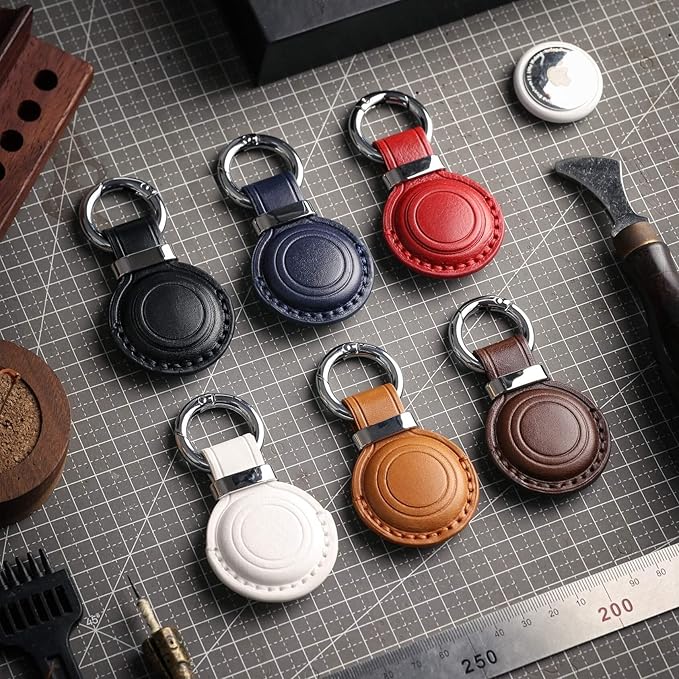 Genuine Leather Keychain Holder Compatible with AirTag - Secure Case Cover Key Ring Chain Fob Accessories Intended for Air Tag - Dark Red (2 Pack)
