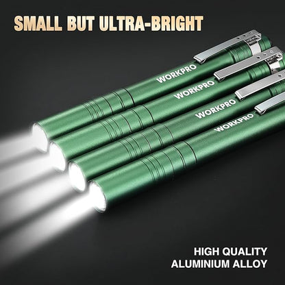 WORKPRO LED Pen Light, Aluminum Pen Flashlights, Pocket Flashlight with Clip for Inspection, Emergency, Everyday, 2AAA Batteries Include, Green(4-Pack)