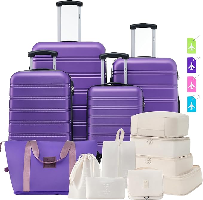 Merax Luggage Sets 13 Piece Suitcase Set 16/20/24/28 IN,Carry on Luggage and Travel Bag TSA Lock Expandable,Hard Case Luggage with Spinner Wheels,Purple