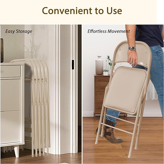 6 Pack Khaki Folding Chairs with Comfortable Cushion and Back, 330LBS Capacity, Portable & Foldable Indoor Outdoor Chairs with Durable Metal Frame for Office Party Events Kitchen Dinning Wedding