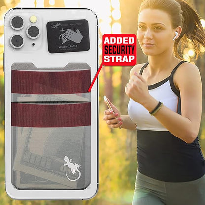 Gecko Travel Tech Double Pocket - Adhesive Card Holder - Cell Phone Pouch - Stick on Spandex Pocket - Carry Credit Cards and Cash - Gray-White