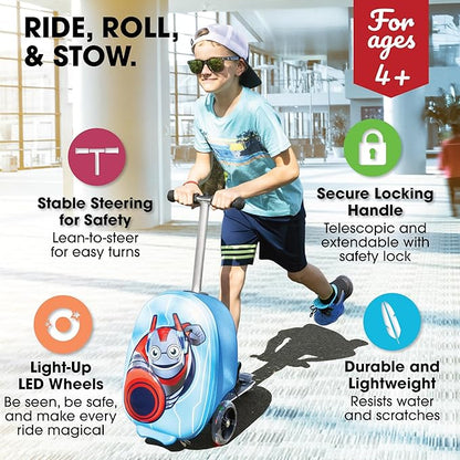 KIDDIETOTES Hardshell Kids Suitcase Scooter - Airline Approved Suitcase with Scooter - Foldable with LED Light-Up Wheels