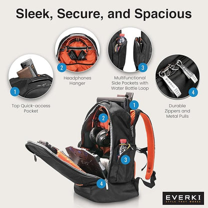 EVERKI ContemPRO 117 Laptop Backpack Fits up to 18.4” – Gaming, 42L Large Travel Backpack with Water-Resistant Rain Cover for Women & Men – Spacious Business Laptop Bag – Black (EKP117B)