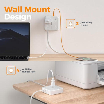 Flat Plug Extension Cord 5 Ft, TESSAN Surge Protector Power Strip Ring Pull with 3 USB (1 USB C) 4 Outlets, 900 Joules Protection, Desktop Charging Station for Home, Office, College, Dorm Room, Gray