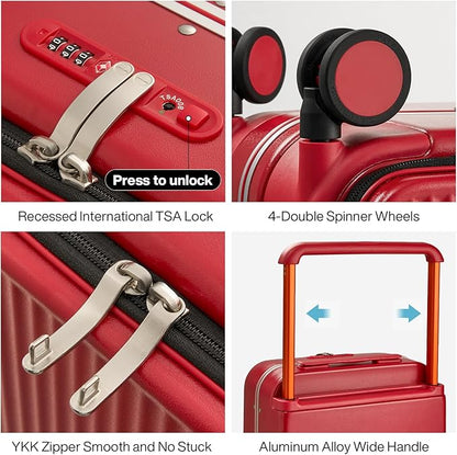 mixi Carry On Luggage 20'' Suitcase with Front Laptop Pocket, Wide Handle Rolling Travel Suitcases PC Hardshell with Aluminum Frame Spinner Wheels & TSA Lock, Carry-On Luggage(Red)