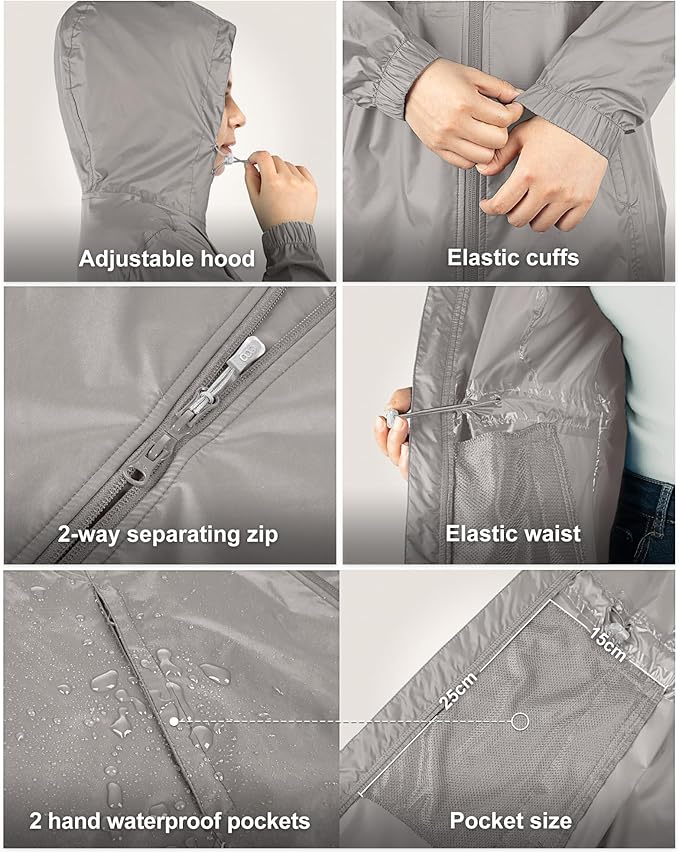 33,000ft Women's Waterproof Long Rain Coats Packable Rain Jacket with Hood Trench Coats Windbreaker