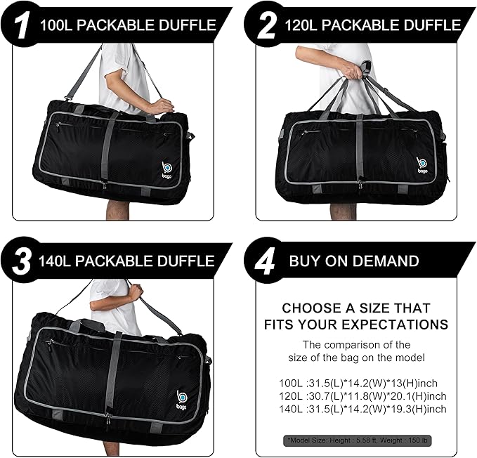 Bago Large Foldable Duffel Bags for Traveling Women & Men - 120L Packable Duffle Bag for Travel with Shoe Compartment - Water Repellant, Heavy Duty, Lightweight Folding & Collapsible (Pink)
