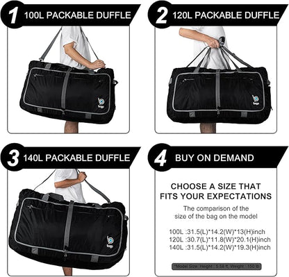 Bago Large Foldable Duffel Bags for Traveling Women & Men - 120L Packable Duffle Bag for Travel with Shoe Compartment - Water Repellant, Heavy Duty, Lightweight Folding & Collapsible (Pink)