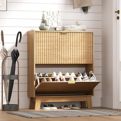 Shoe Cabinet Storage for Entryway with 2 Flip Drawers, Fluted Narrow Shoe Organizer with Wooden Legs, Freestanding Slim Shoe Storage Hidden Shoe Rack Organizer for Front Door Entrance, Oak