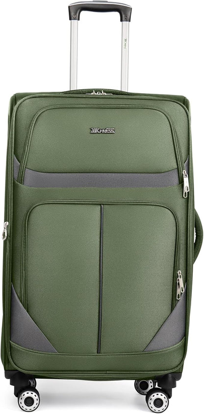 28" Large Softside Expandable 15% Checked Luggage with Double Spinner Wheels LOCK,Lightweight Travel Suitcase for Men/Women（Green-Grey,28in）