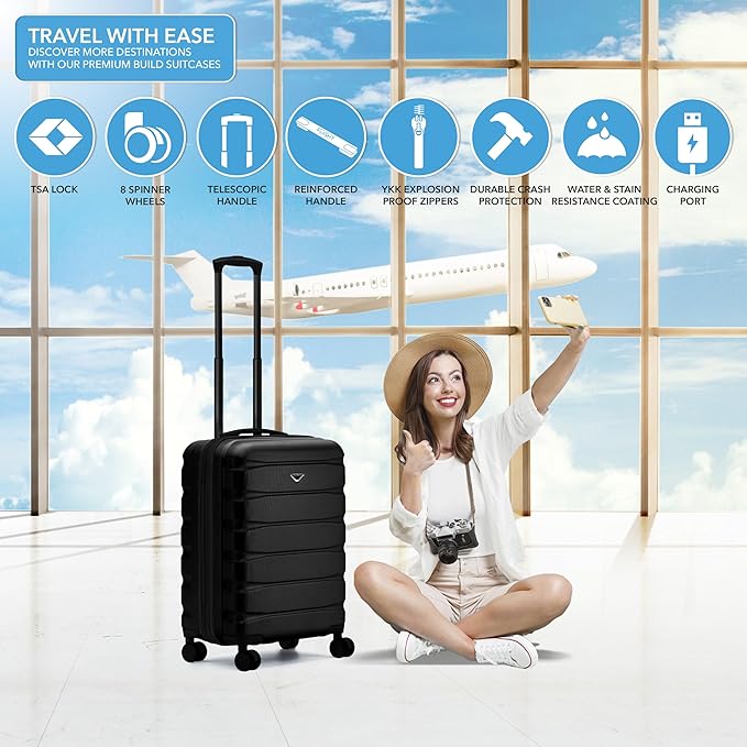 Flight Knight Carry On Suitcase Hardside Built In TSA Lock & USB Port Silent Double Spinner Wheels Maximum Overhead Carry-On Bag For Virgin & South West Approved Airlines( 24x16x10" ,Black )