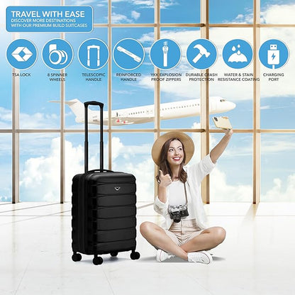 Flight Knight Carry On Suitcase Hardside Built In TSA Lock & USB Port Silent Double Spinner Wheels Maximum Overhead Carry-On Bag For Virgin & South West Approved Airlines( 24x16x10" ,Black )
