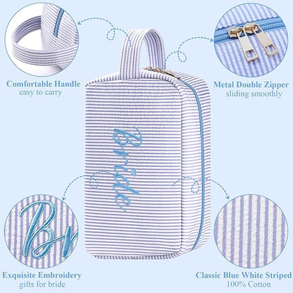 Etercycle Bride Makeup Bag, Blue Striped Cosmetic Bag Embroidery Bridal Shower Gifts, Large Travel Make Up Bags with Inside Pockets Toiletry Bag for Women Wedding Engagement Bachelorette Party