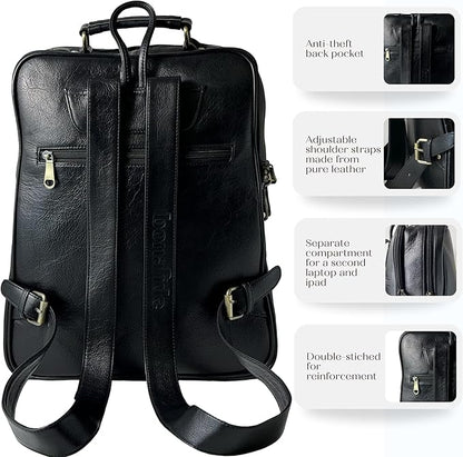 15.6" Luxury Black Leather Laptop Backpack for Men & Women. Leather Bag for Professional Use in Office & Business