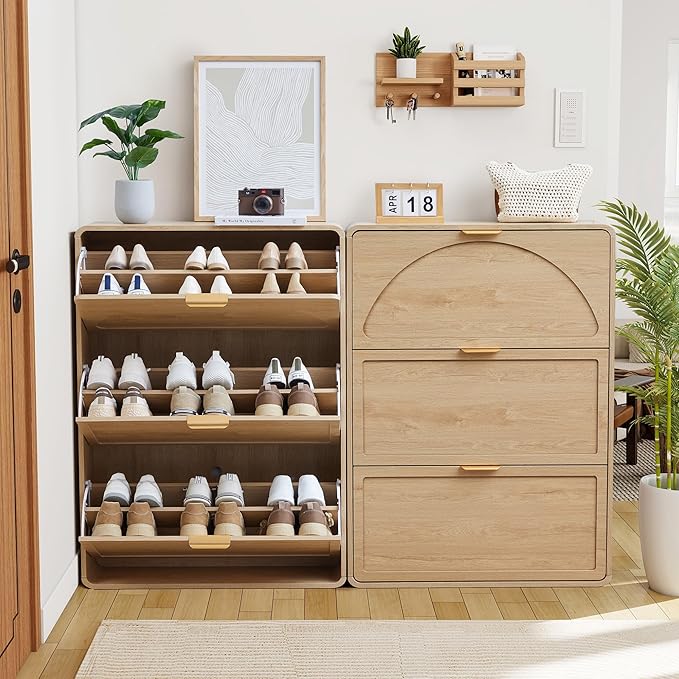 Hidden Shoe Cabinet with Drawer, Free Standing Narrow Shoe Rack Cabinet for Entryway Slim, 3 Flip Drawer Shoe Storage Organizer Cabinet for Entry,Hallway,Door,Dorm,Small Spaces - Natural