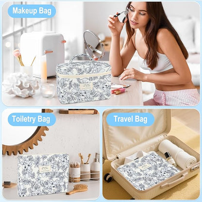 2Pcs Cotton Quilted Makeup Bag for Women Girls Floral Travel Large Small Cosmetic Bag Set Cute Vintage Flower Makeup Pouch Portable Toiletry Bag Organizer Coquette Aesthetic Makeup Brush Bag