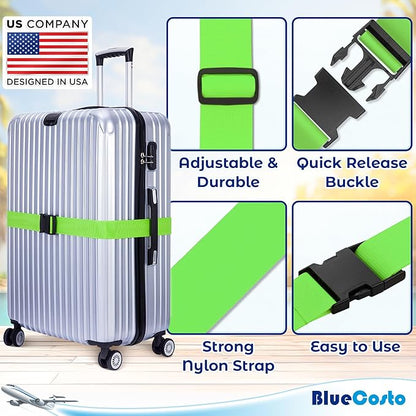Luggage Straps for Suitcases - TSA Approved - Green, 4 PK - Premium Nylon Belts for Suitcase, Briefcase & Travel Bag - Adjustable Strap Length 46" - 78"