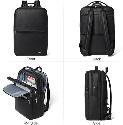 Shrrie Vegan Leather Laptop Backpack for Women&Men,16 Inch Expandable Backpack with USB Charging Port,Two-toned Black