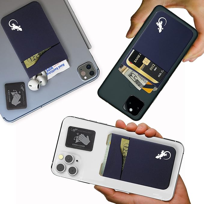 Gecko Travel Tech Double Pocket - Adhesive Card Holder - Cell Phone Pouch - Stick on Spandex Pocket - Carry Credit Cards and Cash (Navy)