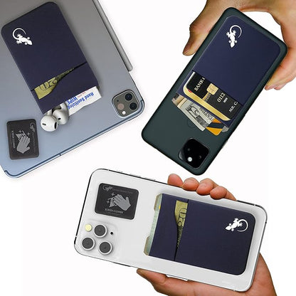 Gecko Travel Tech Double Pocket - Adhesive Card Holder - Cell Phone Pouch - Stick on Spandex Pocket - Carry Credit Cards and Cash (Navy)