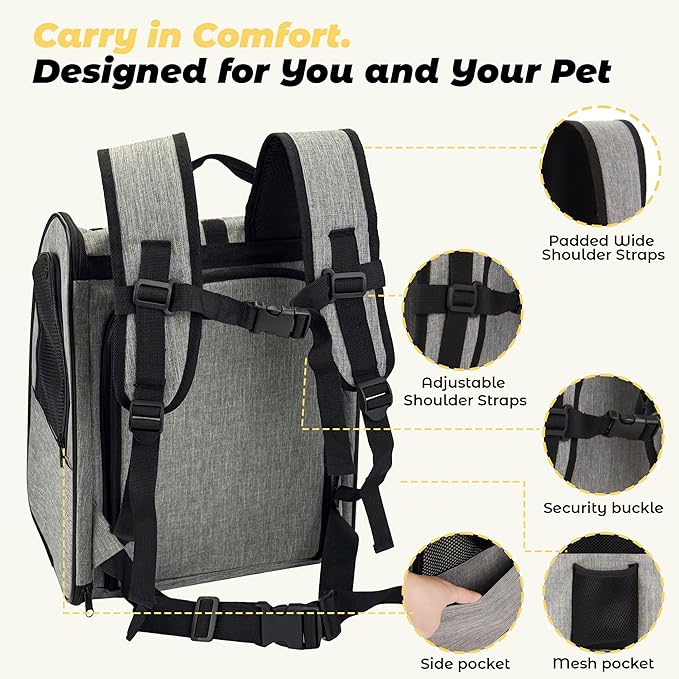 Zavothy Expandable Pet Backpack Carrier for Small Cats & Dogs, Airline Approved Travel Bag with Mesh Windows, Expandable Space, Padded Bottom, Foldable Design Grey