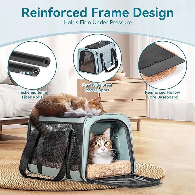 Petsfit 18 X 11 X 11 Airline Approved & Cat Car Carrier, with Patent Safety Buckles & Lockable Zippers Preventing Escapes, Breathable Mesh & Padded Mat — Portable, Stress-Free Travel Carrier