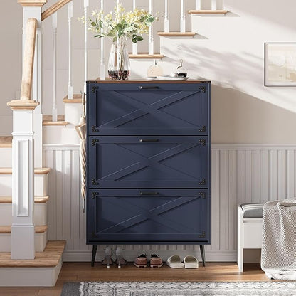 Shoe Organizer Cabinet Narrow with 3 Flip Drawers Shoe Rack Cabinet Hidden Slim Freestanding Shoe Storage Cabinet 24 Shoes for Entryway,Living Room, Blue Walnut
