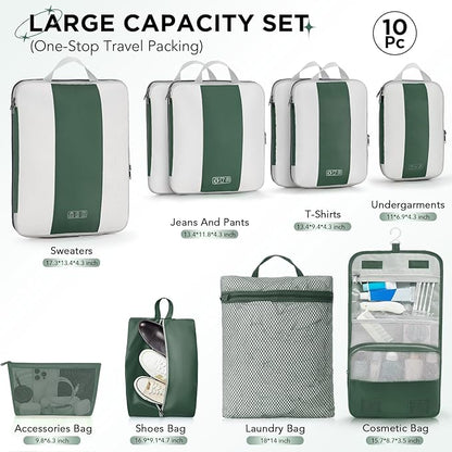 10 Set Compression Packing Cubes for Travel Essentials,Compressible Expandable Packing Cubes for Suitcase,OlarHike Luggage Organizer Bags for Travel,Handy Helper for Organizing Clothes(Dark Green)