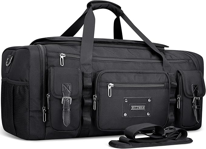 WITZMAN Duffle Bag for Men Large Carry On Weekender Bag 54L Nylon Duffle Gym Bags for Travel with Shoes Compartment(B717 Black)
