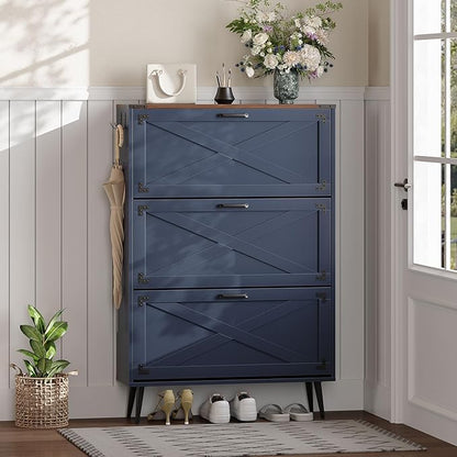 Shoe Organizer Cabinet Narrow with 3 Flip Drawers Shoe Rack Cabinet Hidden Slim Freestanding Shoe Storage Cabinet 24 Shoes for Entryway,Living Room, Blue Walnut