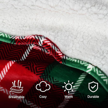 Catalonia Sherpa Wearable Blanket Poncho for Adult Women Men, Wrap Blanket Cape with Pocket, Warm, Soft, Cozy, Snuggly, Comfort Gift, No Sleeves, Plaid Buffalo Christmas