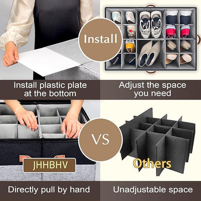 1 Pack Shoe Organizer for Closet, Adjustable Shoe Box Storage Containers, Large Foldable Shoe Bins with Clear Cover, Space Saving Shoes Holder with 4 Handles, Fits 12-24 Pairs, Black