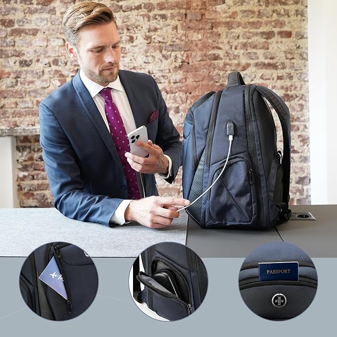 Swissdigital Design Men's Laptop Backpack for College and Business Travel with Integrated USB Charging Port and RFID Protection Fits Laptops up to 15.6 inch, Blue | SD1695-12