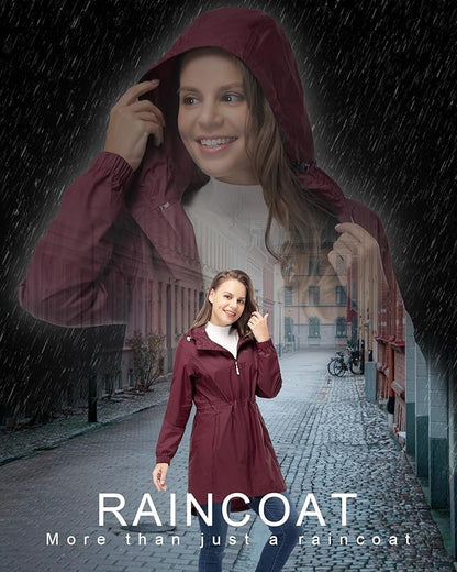 33,000ft Women's Waterproof Long Rain Coats Packable Rain Jacket with Hood Trench Coats Windbreaker