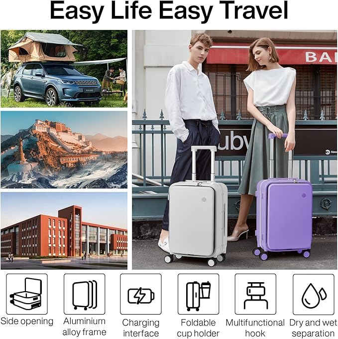 mixi Large Checked Luggage with Cup Phone Holder and Charger Hard Shell Suitcases with Spinner Wheels, 26 Inch Lilac Purple